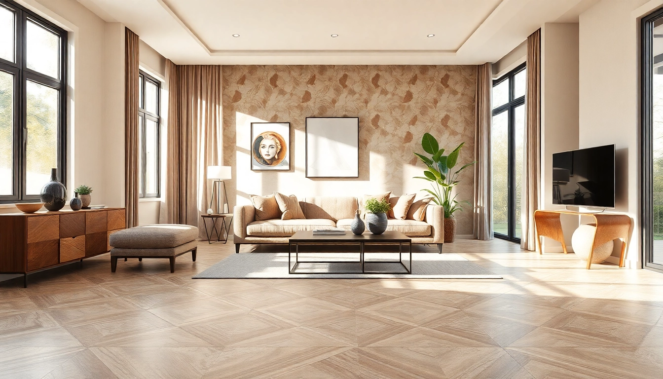 Salon élégant présentant un carrelage moderne au sol, avec des tons chauds et une décoration chic.