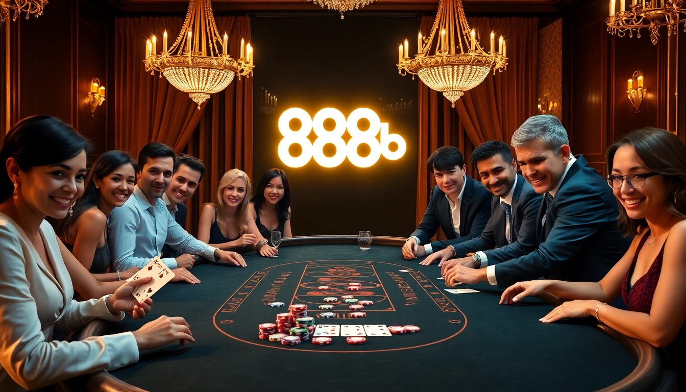 Excited players enjoying blackjack at a luxurious 888b casino table.