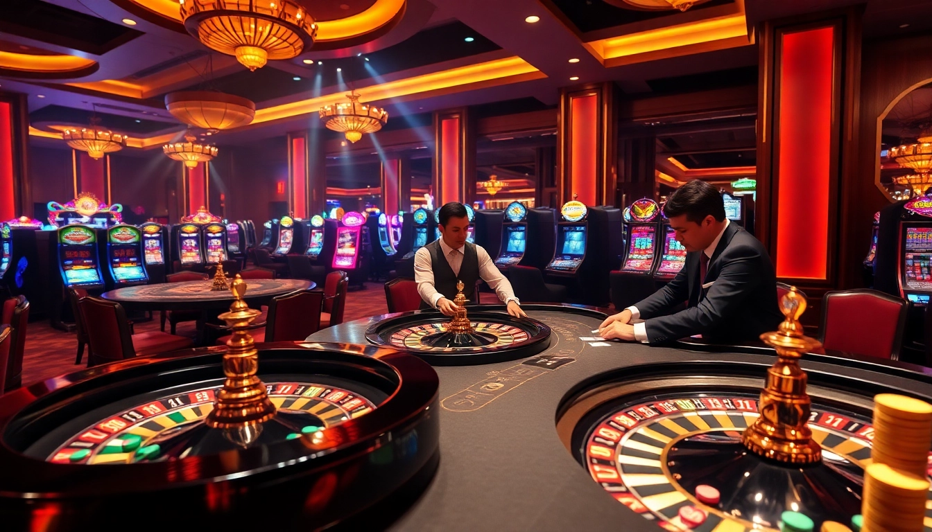 Experience the thrill of gaming at lc88 my with a vibrant casino scene filled with cards and roulette.
