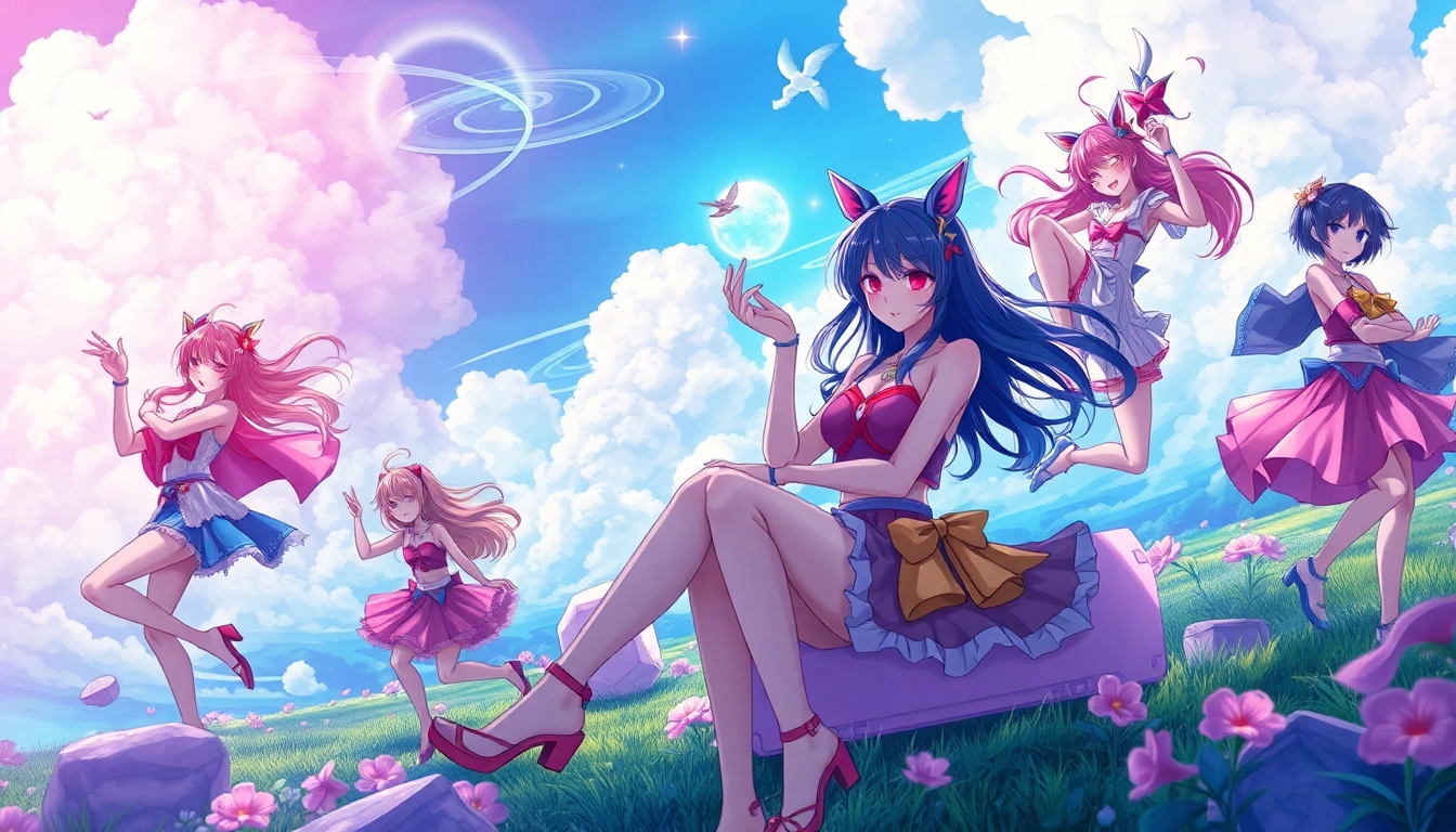 Vibrant anime sex scene featuring colorful characters in a whimsical fantasy landscape.