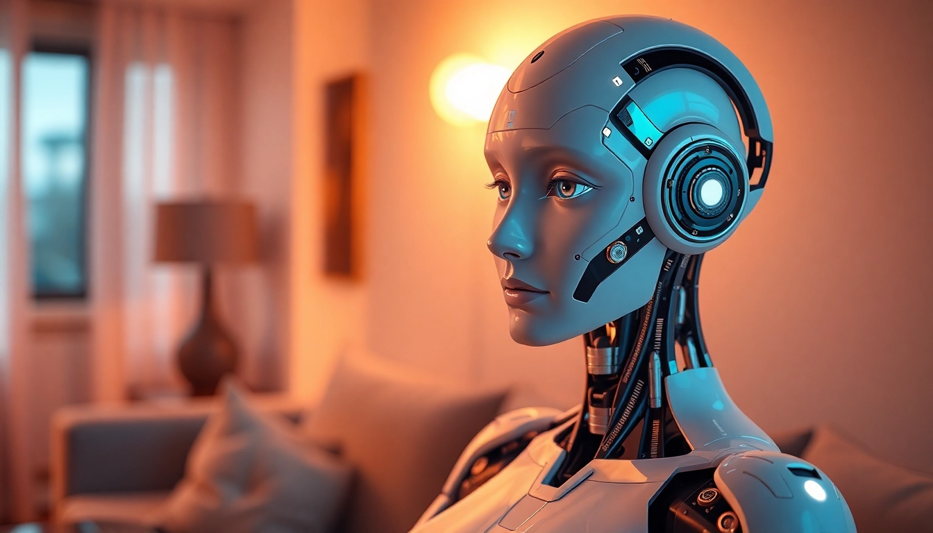 AI sex bot in a warm, modern environment, showcasing advanced technology and emotional expression.