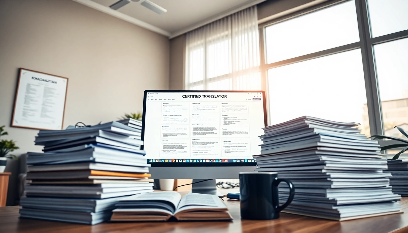 Espace de travail de traduction certifiée montrant un professionnel traduisant des documents avec précision et soin.