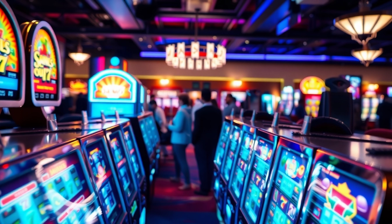 Joueurs profitant de machines à sous gratuites en ligne dans un casino animé.