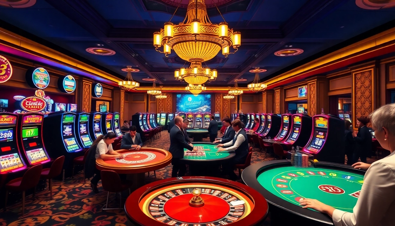 Experience the thrill of Bk33 casino with vibrant tables and slot machines in an elegant setting.