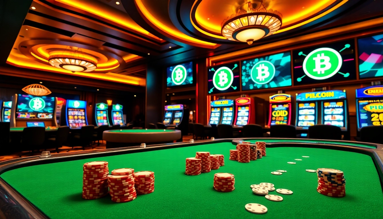 Experience the excitement of a Bitcoin casino with vibrant gaming elements and luxury.