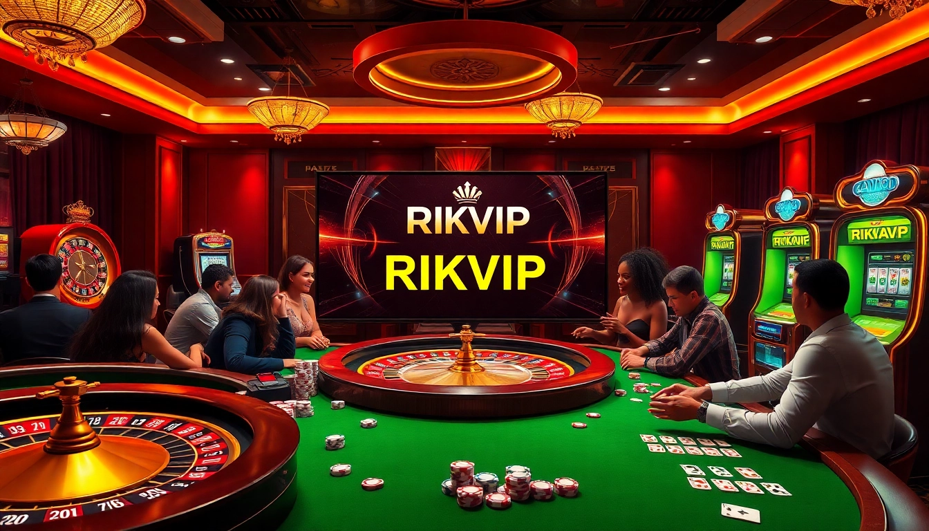 Exciting gambling scene at RIKVIP casino with vibrant players and illuminated slot machines.