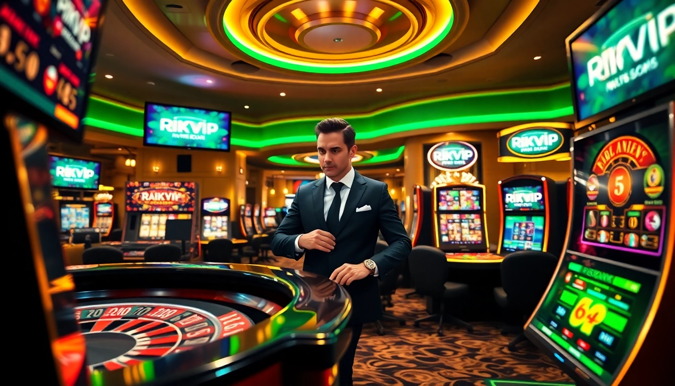Engage in winning online gaming with rikvip's vibrant casino atmosphere featuring poker chips and a roulette wheel.