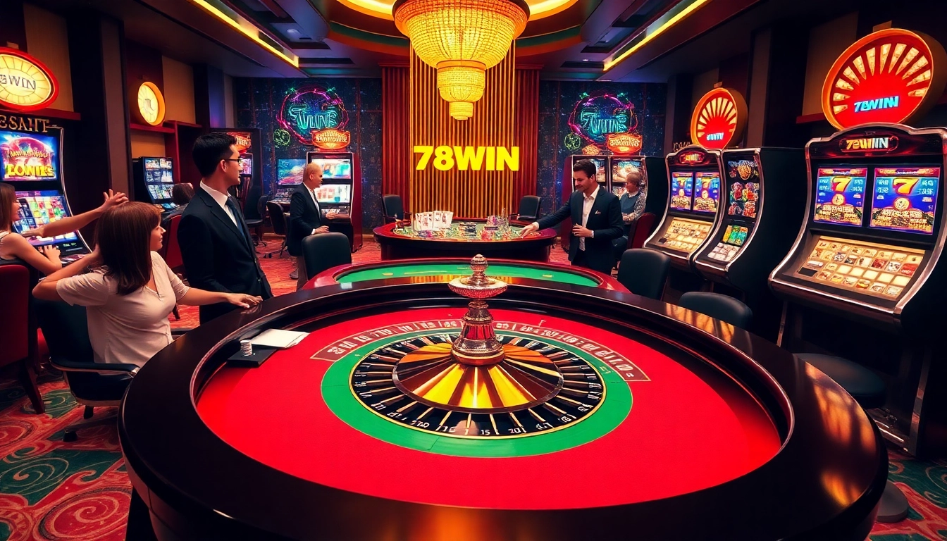 Experience the excitement of winning at 78WIN with vibrant casino scenes featuring roulette and slot machines.