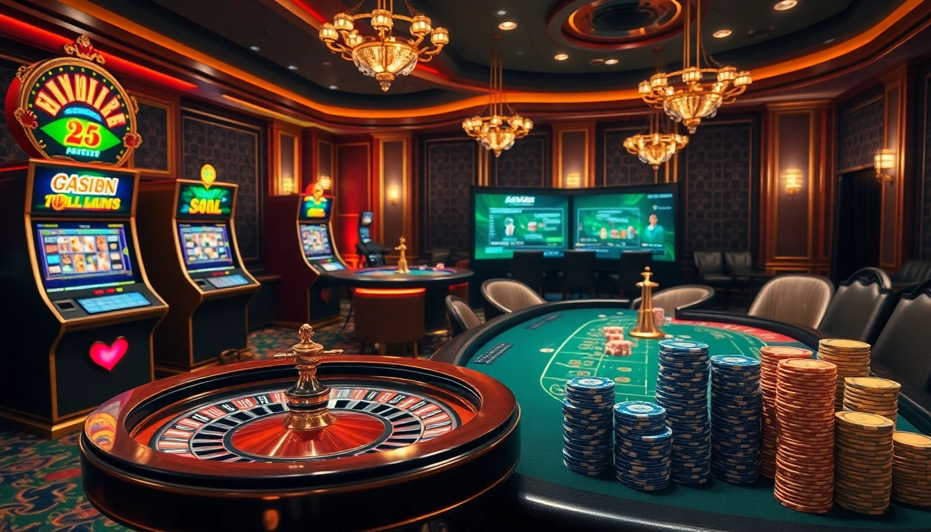 Exciting gaming atmosphere representing meilleur casino en ligne français with vibrant tables and electronic interfaces.