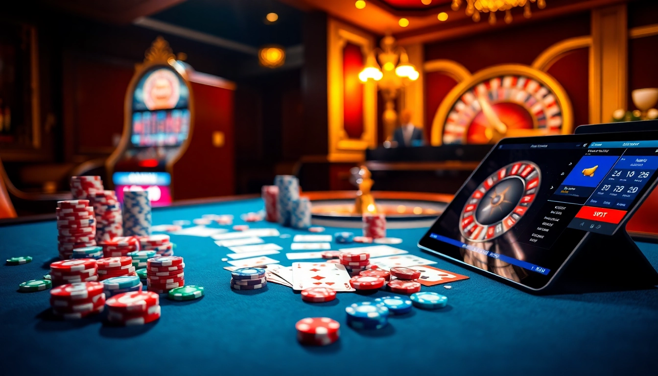 Exciting gambling scene featuring mv88-inspired poker chips and casino elements.