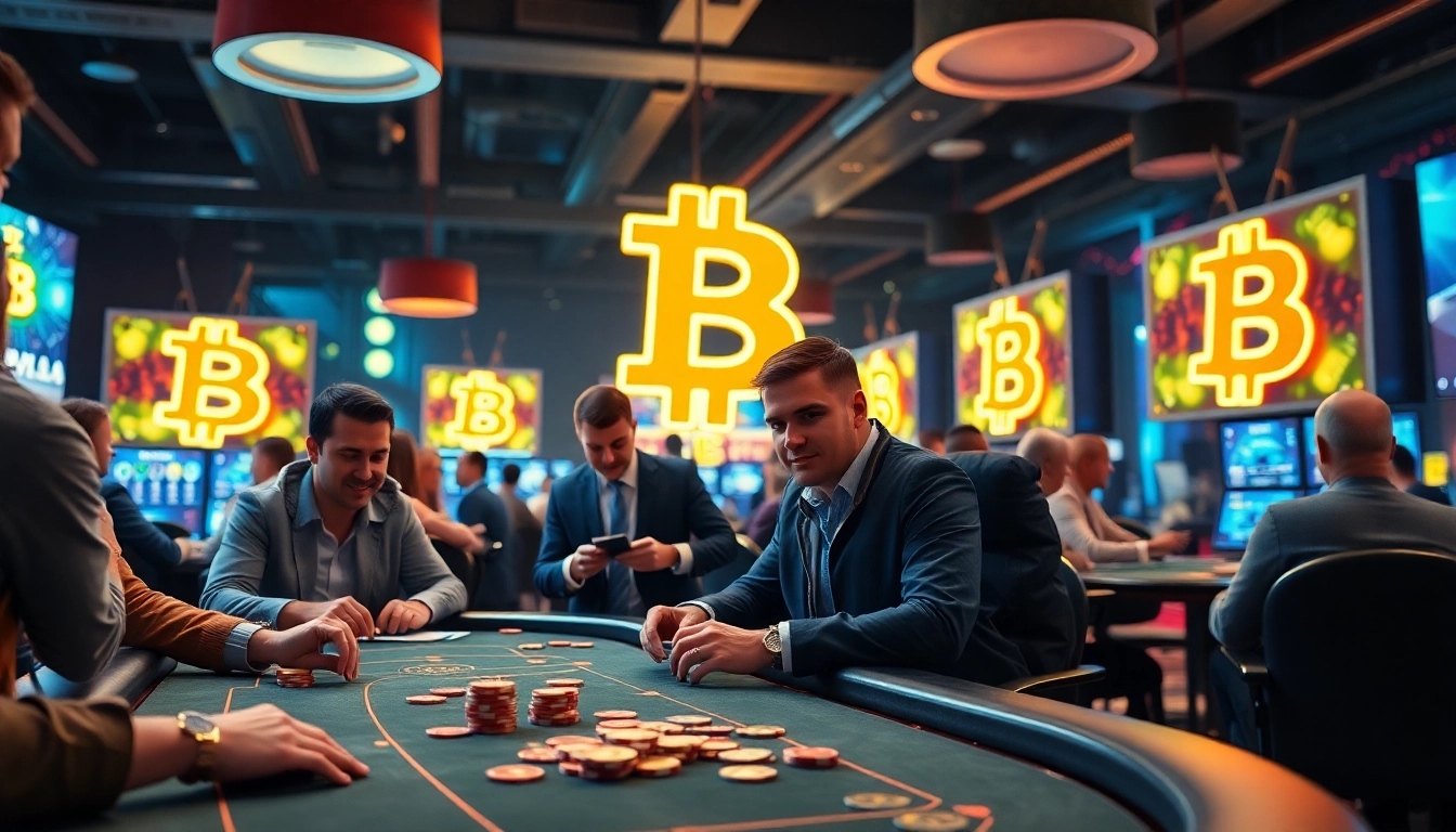 Jouer aux cartes dans des Bitcoin casinos avec une ambiance énergétique et des lumières vives.