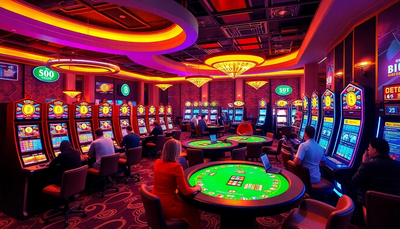 Jouez à des jeux dans un casino Bitcoin dynamique avec des lumières vives et des joueurs engagés.