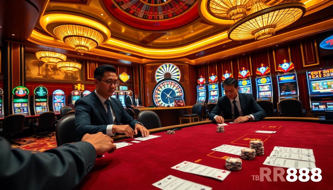 Players engage at a luxurious RR88 casino table surrounded by vibrant gaming excitement.
