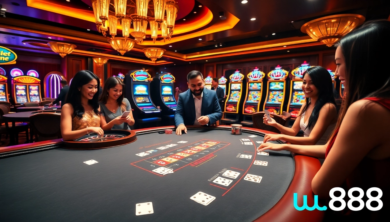 Players enjoying games at u 888 casino, featuring vibrant blackjack table and roulette wheel.