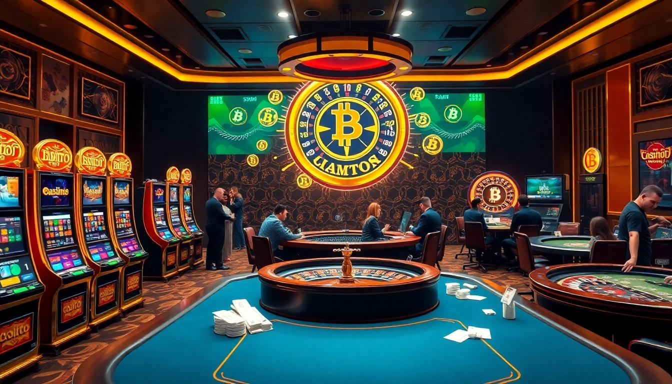Experience the thrill of a Bitcoin casino with a luxurious gaming atmosphere showcasing vibrant slot machines and poker tables.