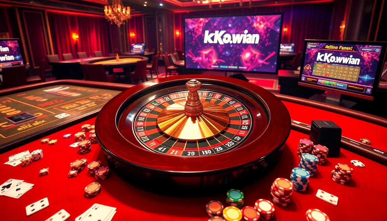 An engaging scene of high-end gambling at https://kkwin.fan/ showcasing a roulette wheel and casino table filled with chips and cards.