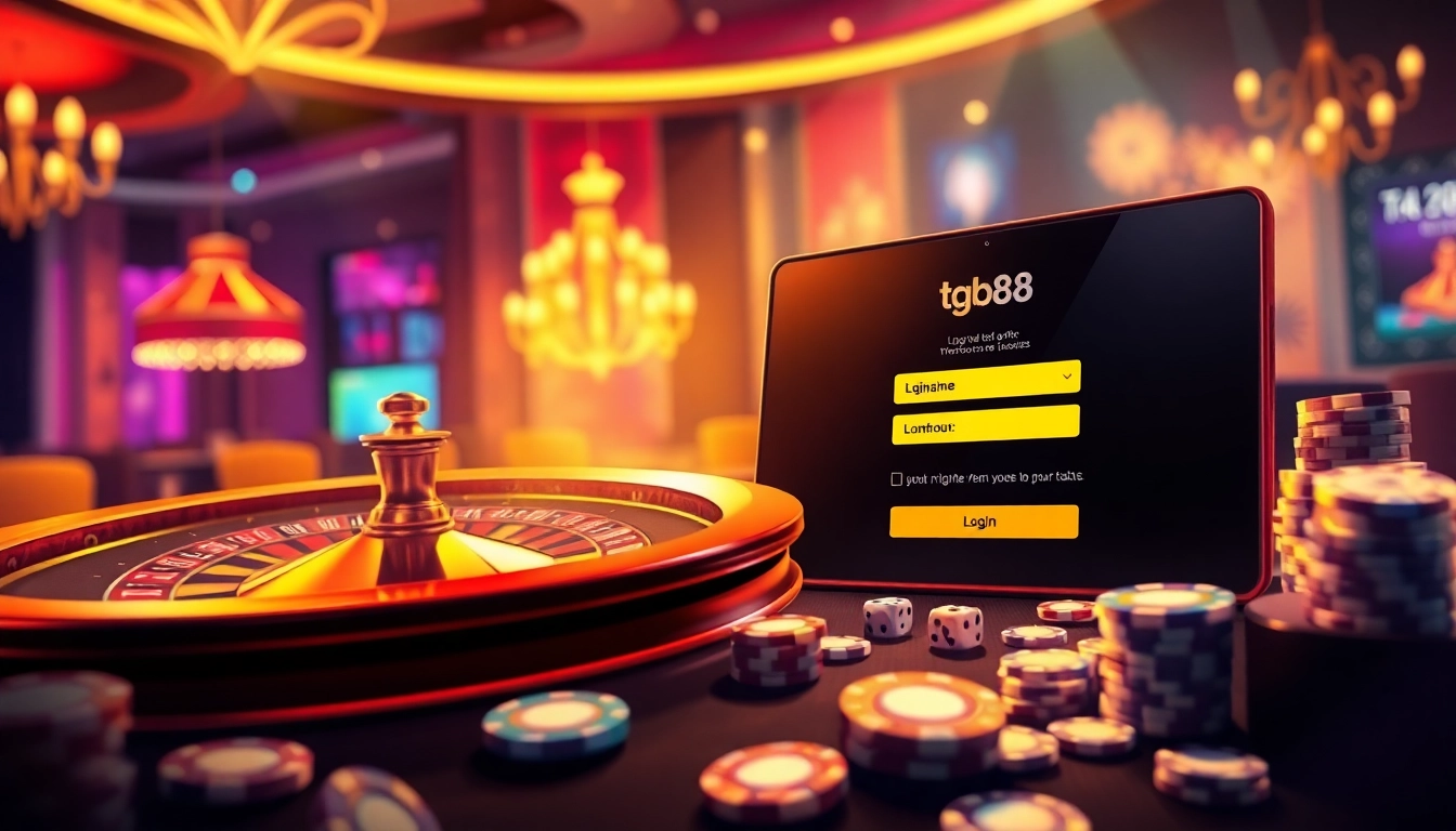 Tg88 đăng nhập - Exciting online casino scene with roulette, poker chips, and digital interface.
