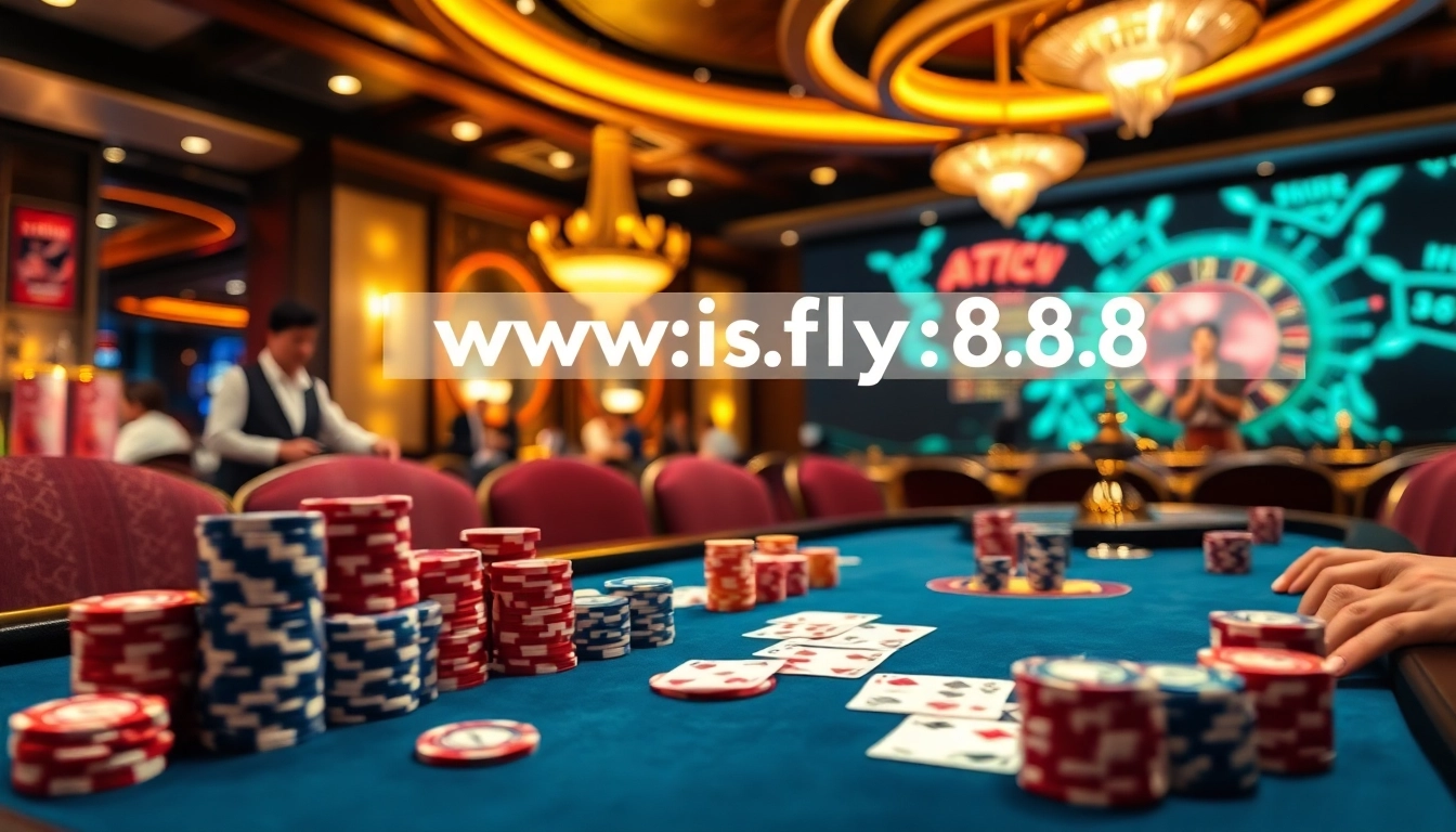 Experience high-stakes gambling action from https://fly88.services/ with poker chips and cards at a vibrant casino scene.