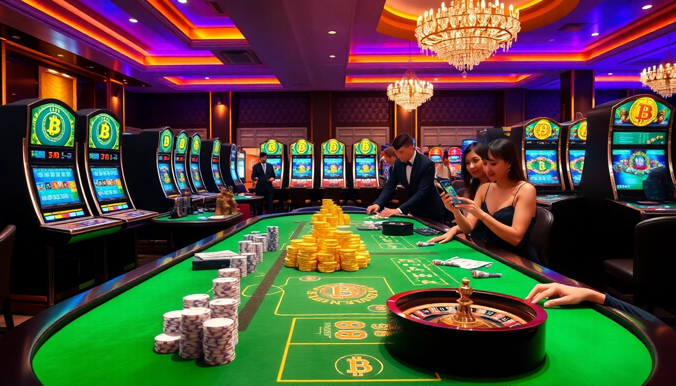 Players enjoying the thrill of betting at a Bitcoin casino with vibrant gaming tables.