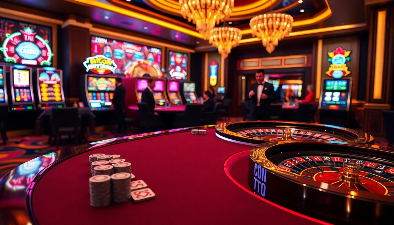 Des joueurs profitant de jeux palpitants dans des casinos Bitcoin, avec des tables de poker et des machines à sous.