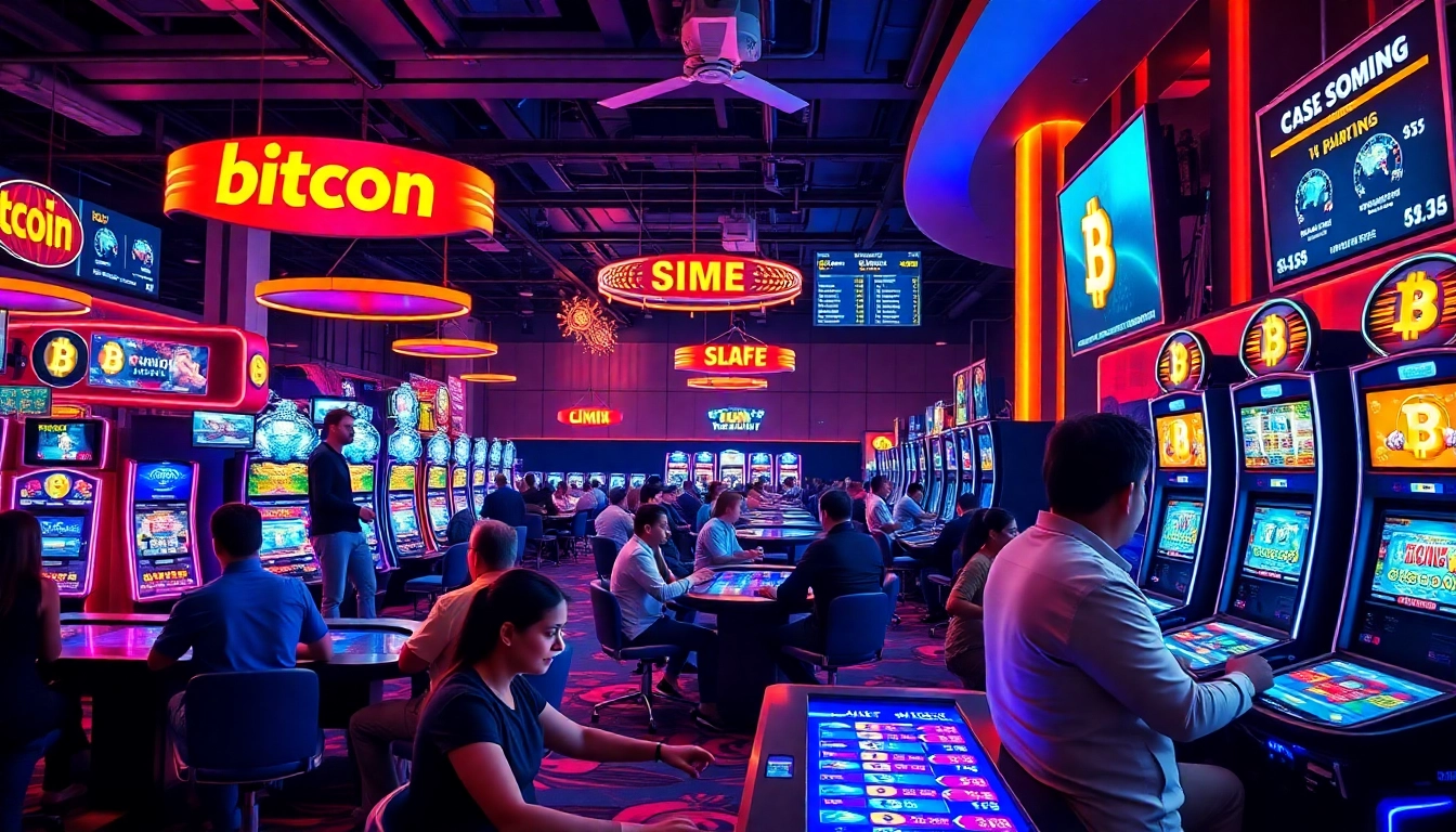 Émotion d'un Bitcoin casino avec des joueurs engagés à des jeux de table et des machines à sous.