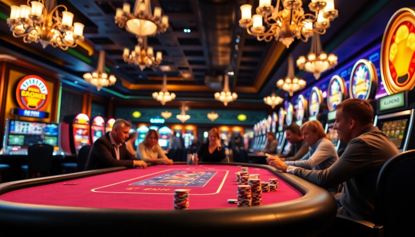 Joueurs engagés dans une partie palpitante de casino en ligne Français, entourés d'une ambiance élégante.