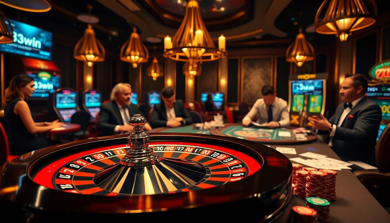 33win casino scene featuring a thrilling roulette wheel with poker chips and players strategizing bets.
