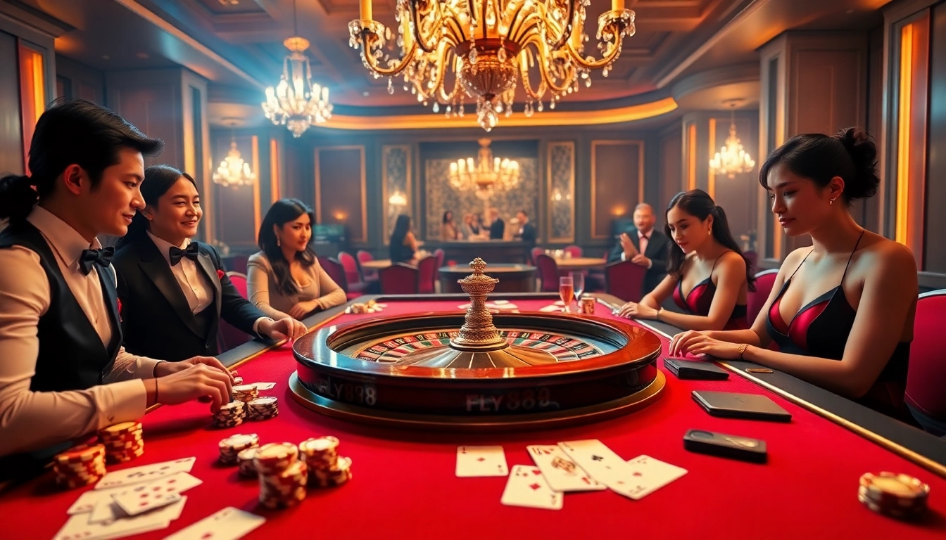 Experience the excitement of Fly88 at a luxurious casino table with vibrant poker chips and players.