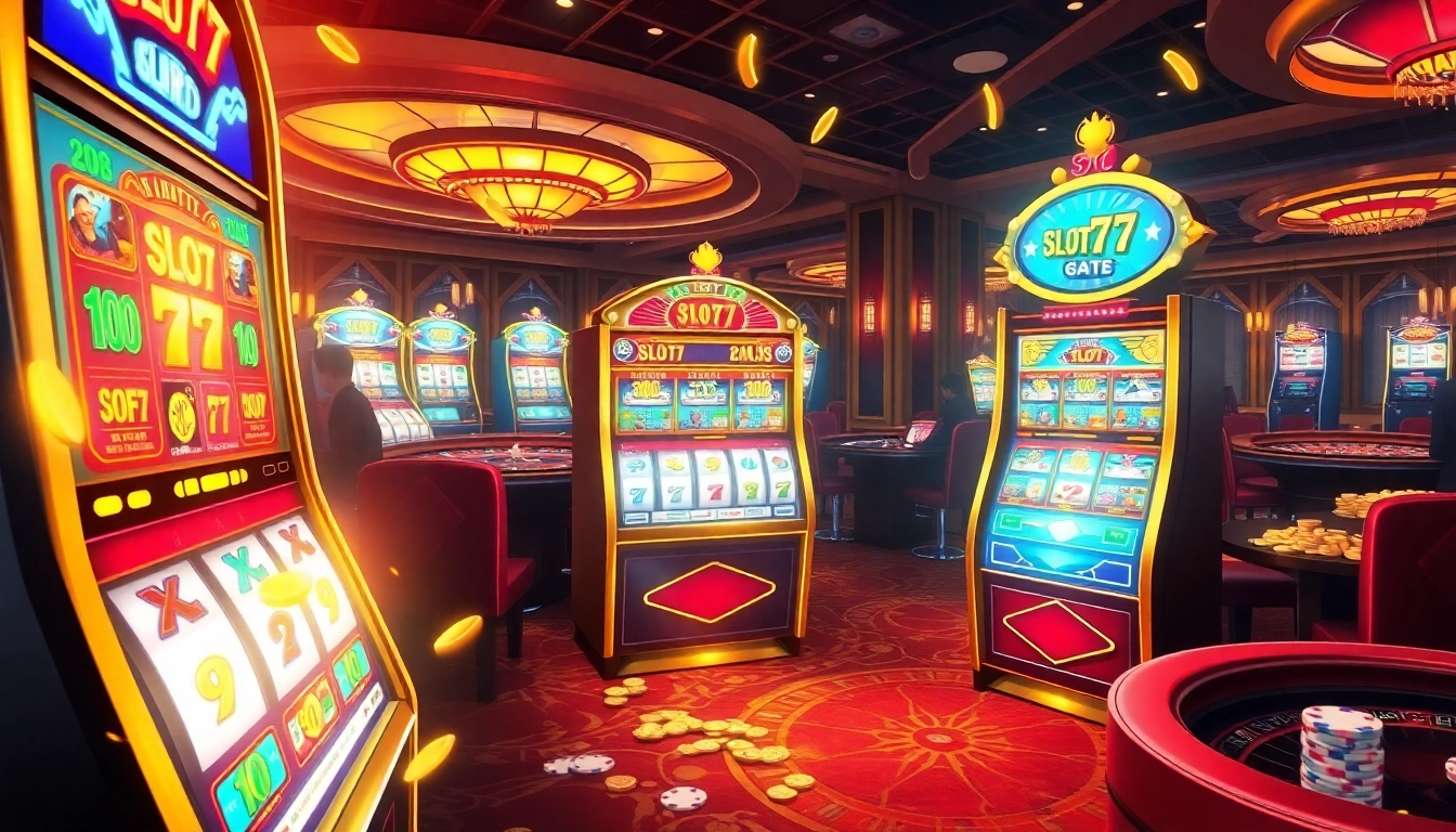 Experience the thrill of Slot777 with vibrant slot machines capturing players' excitement in a luxurious casino.