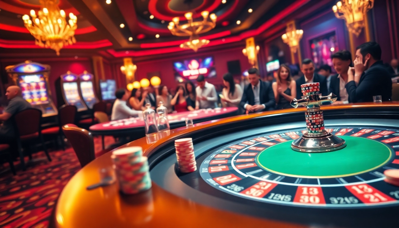 Catch the excitement at https://hitclub7.org/ with players engaging at a roulette table amidst a vibrant casino environment.