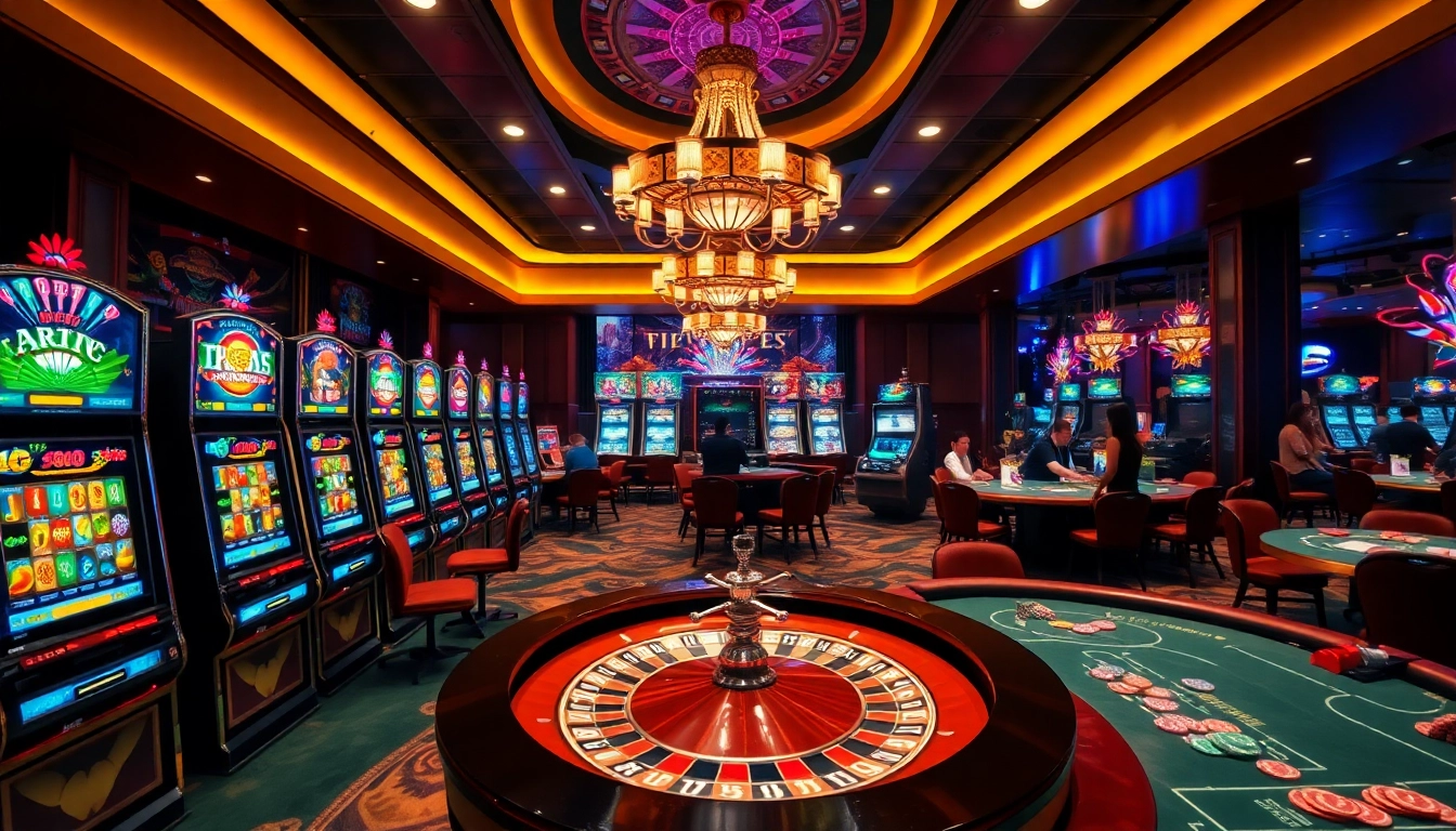 Découvrez l'excitation d'un casino fiable en ligne avec des tables de jeu vibrantes et des joueurs dans un casino luxueux.