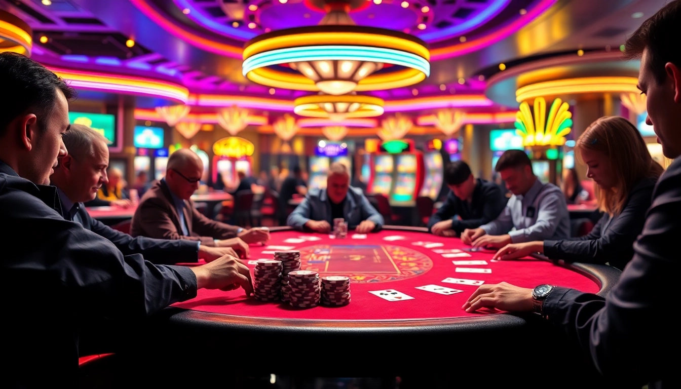 Participez au casino en ligne Français avec une table de poker animée entourée de joueurs concentrés.