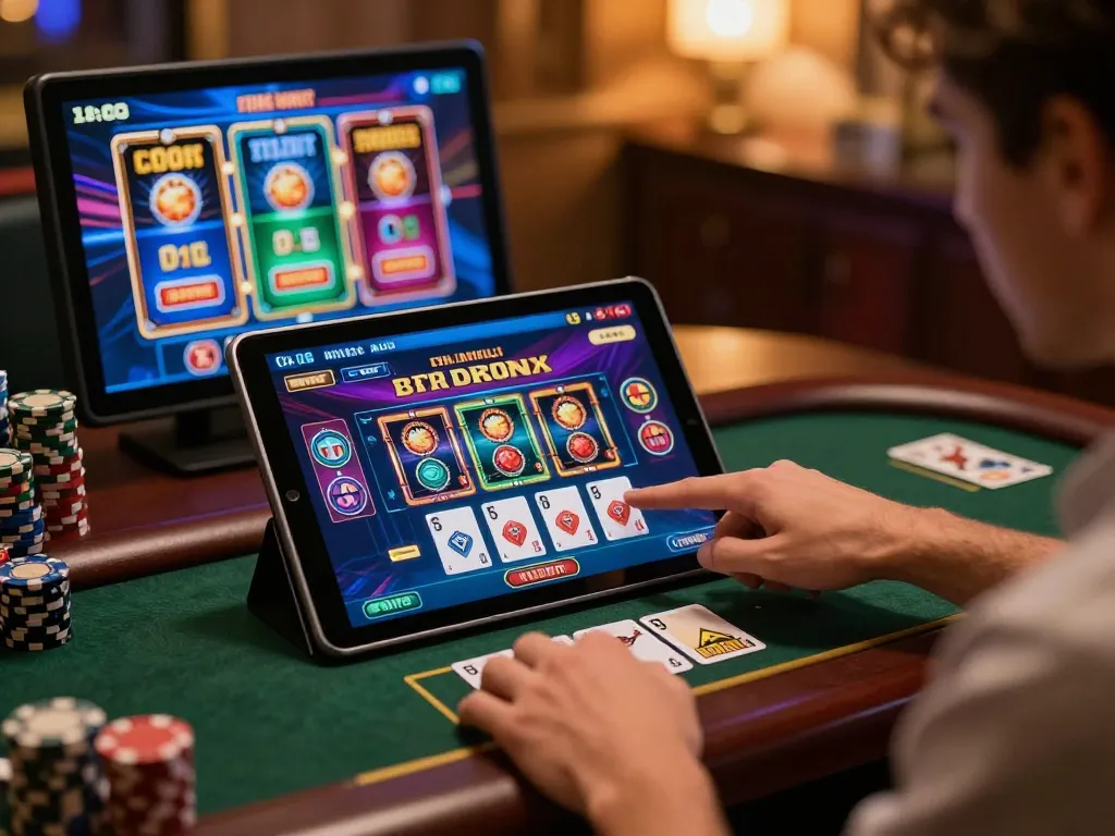 Player engaging with cm88 online gaming platform on tablet, showcasing live dealer interaction and vibrant game interface.