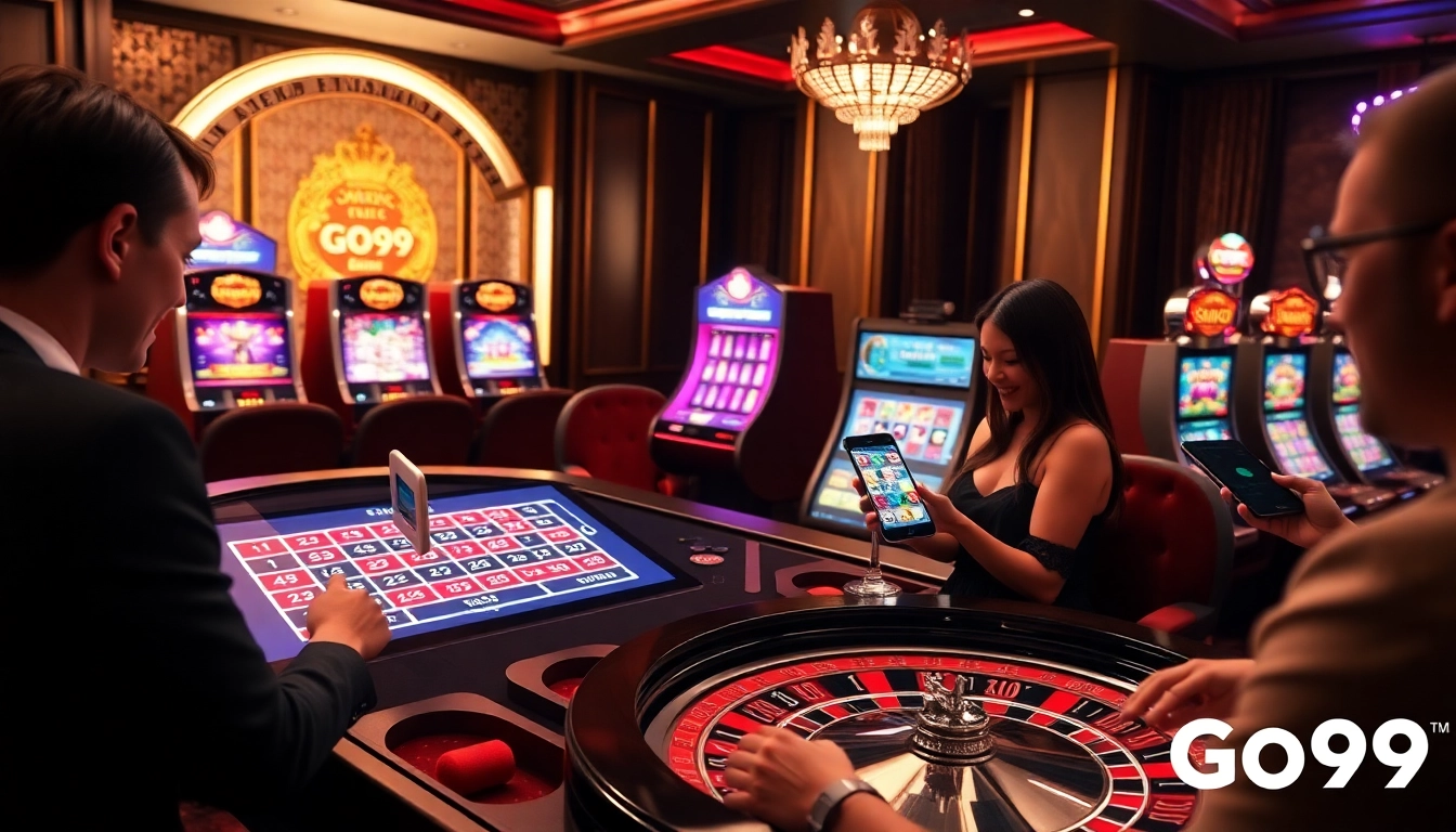 Players enjoying the Go99 online casino with vibrant slot machines and roulette tables.