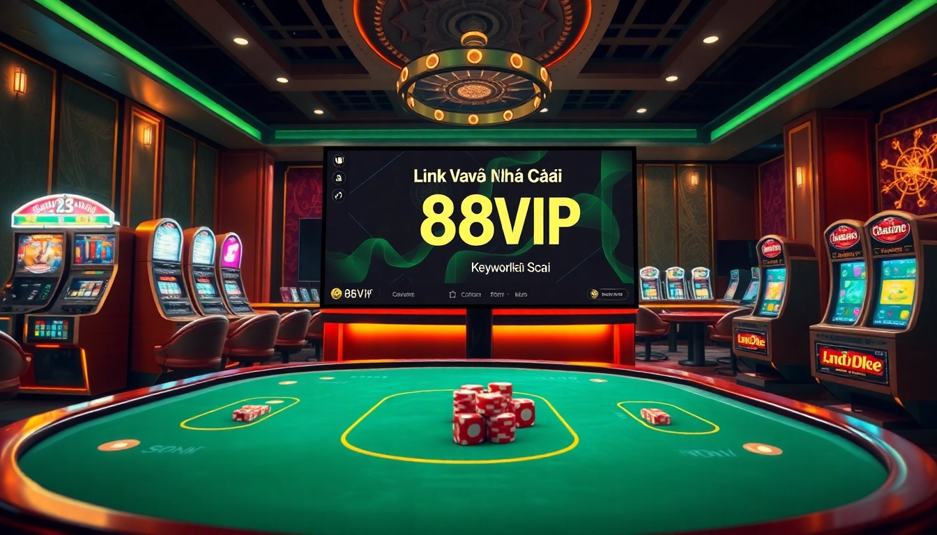 Experience the thrill of online gaming with Link Vào Nhà Cái 68VIP featured on a vibrant digital screen amidst lively casino games.