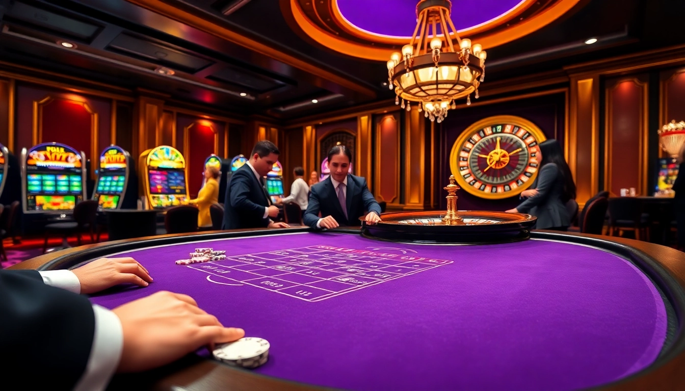 Une scène dynamique de joueurs profitant de jeux dans un casino en ligne luxueux, avec des tables de blackjack et des machines à sous vibrantes.
